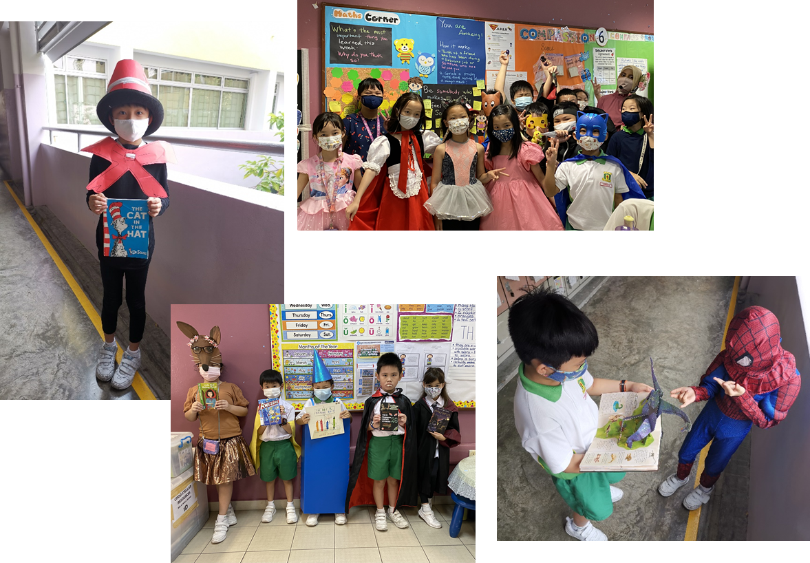 Children in costumes and masks at a school book character dress-up event, holding books in classrooms and hallways.